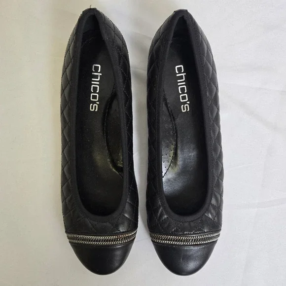 Chico's Quilted Ballet Flats, Silver Tone Chain Accent, Black, Size 9 - Picture 9 of 12
